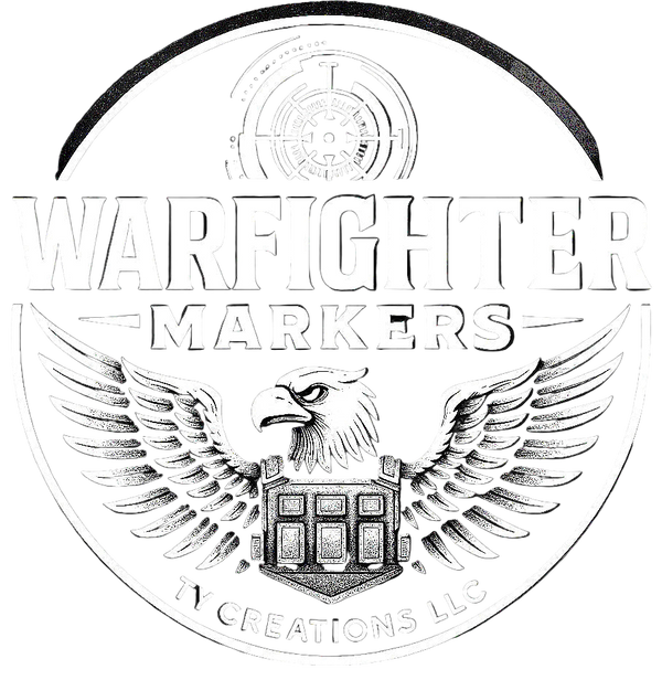 Logo of Warfighter Markers with an eagle and shield design on a white background